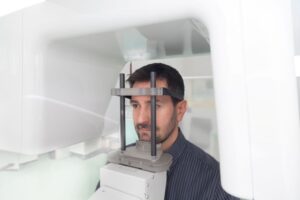 Patient positioned in CBCT machine, ready for scan